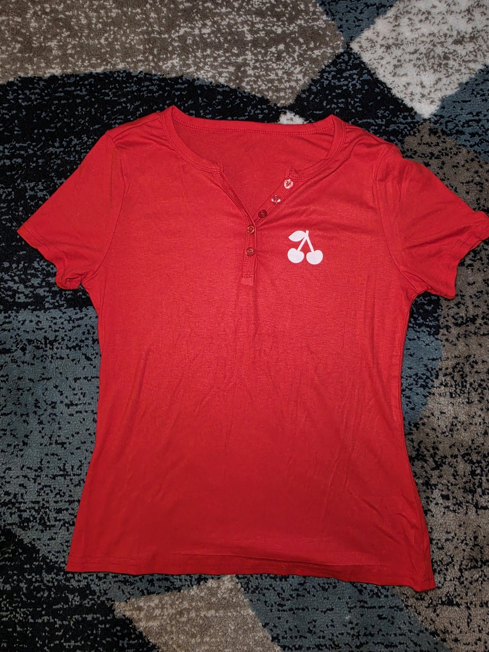 NEW Red Short Sleeve With White Cherry Graphic Henley Tee Size Medium - Picture 1 of 9